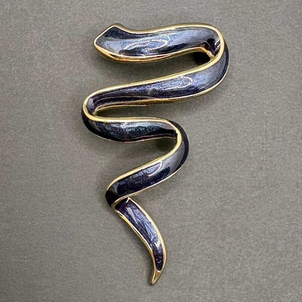 Vintage Erwin Pearl Zig Zag Gold Tone Blue Enamel Brooch‎ 2.5" Classic Retro Mod